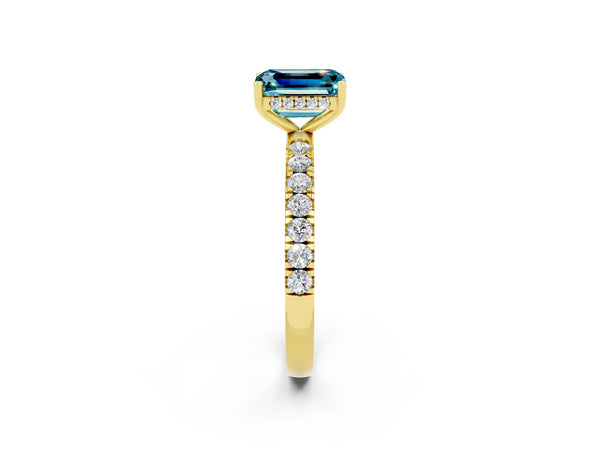 Yellow gold Emerald Cut Blue Topaz Pave Band Solitaire Ring with Round  and Prong Setting