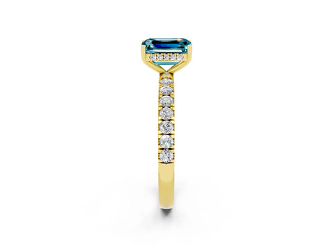 Yellow gold Emerald Cut Blue Topaz Pave Band Solitaire Ring with Four-Prong Setting_38