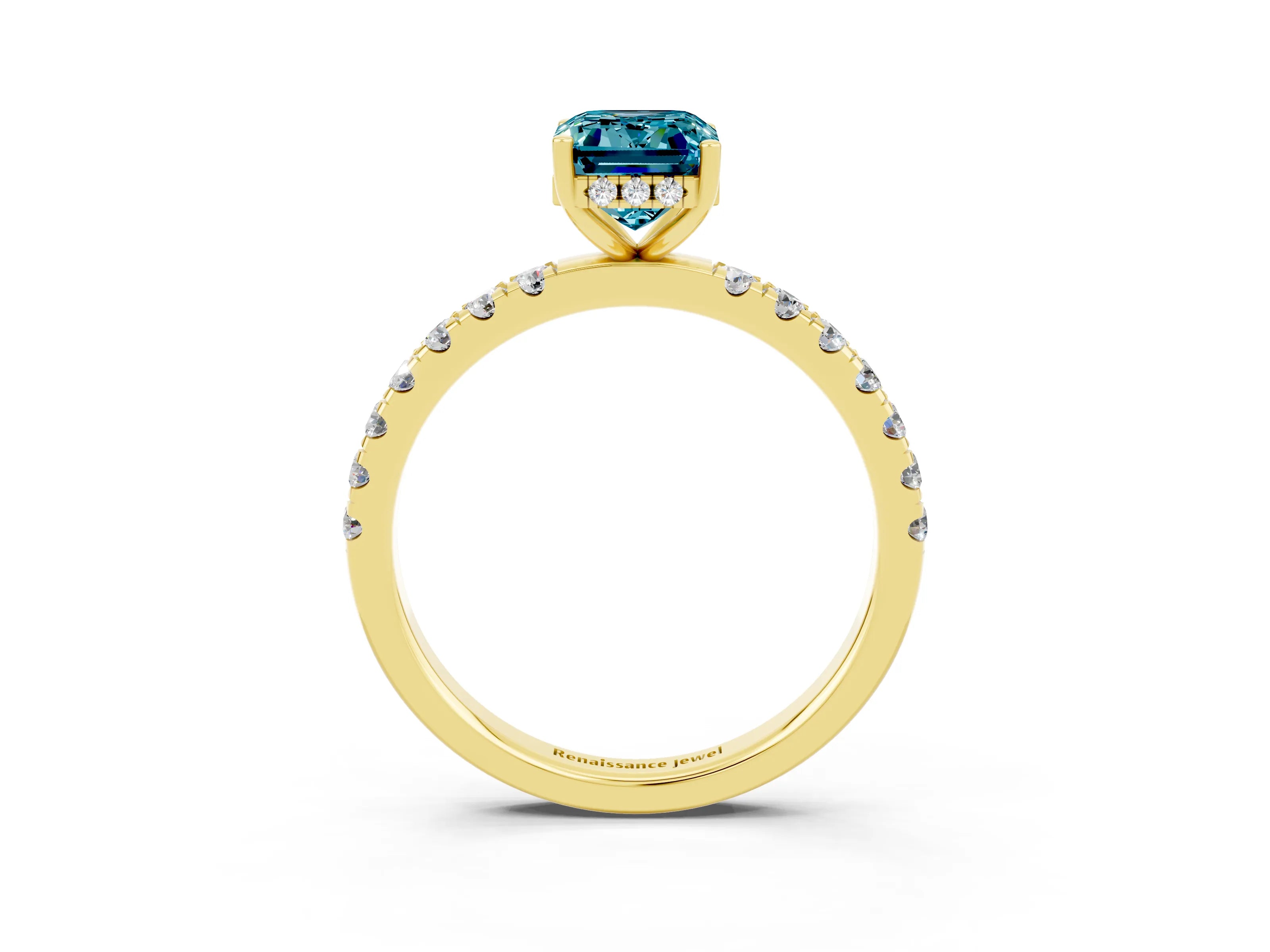 Yellow gold Emerald Cut Blue Topaz Pave Band Solitaire Ring with Four-Prong Setting_39