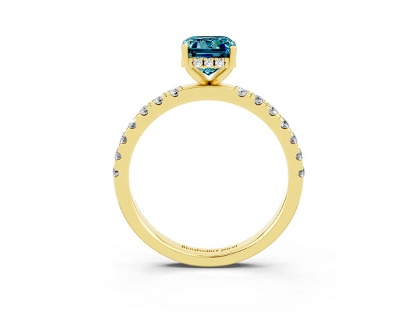 Yellow gold Emerald Cut Blue Topaz Pave Band Solitaire Ring with Round  and Prong Setting