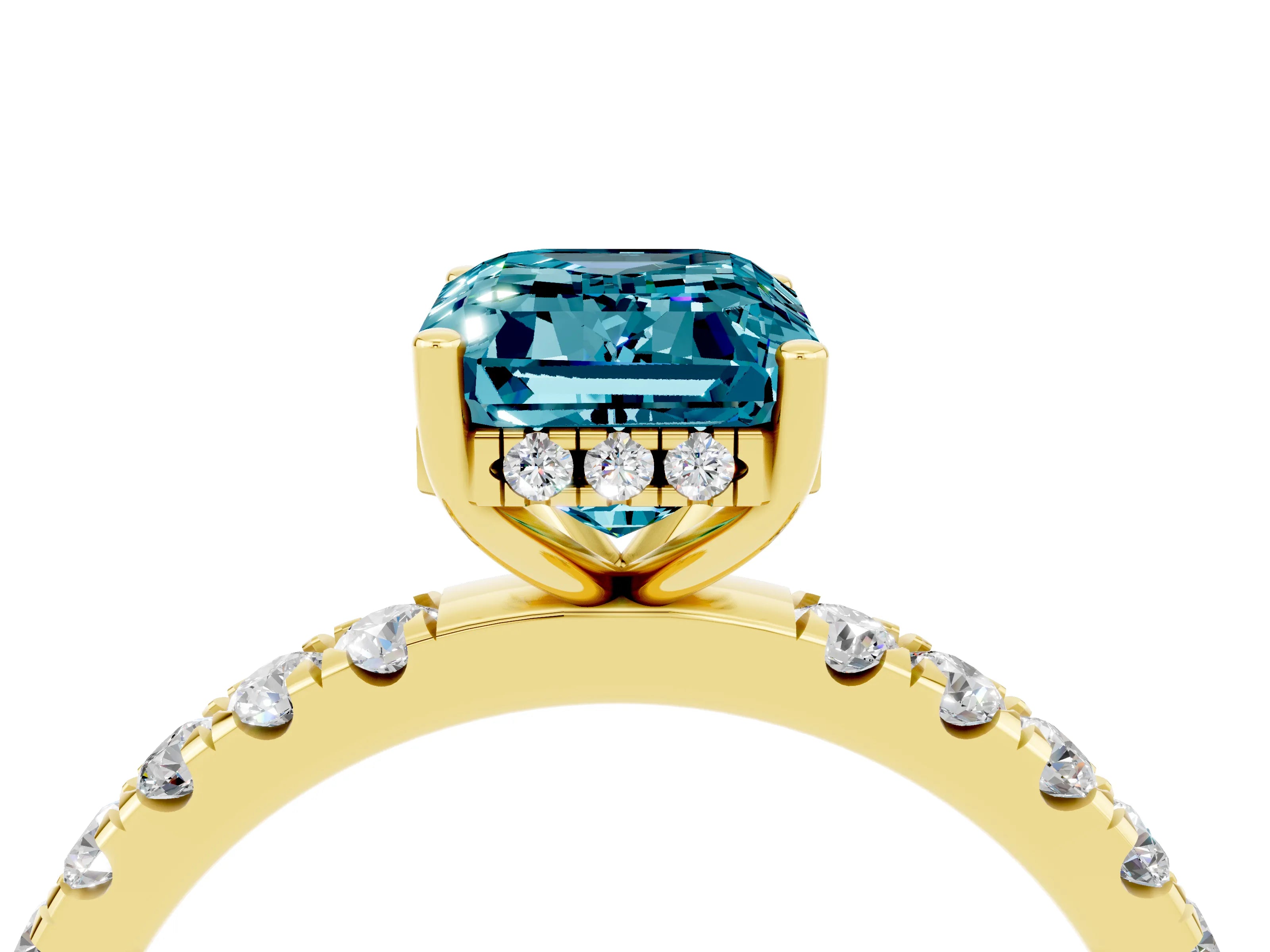 Yellow gold Emerald Cut Blue Topaz Pave Band Solitaire Ring with Four-Prong Setting_40