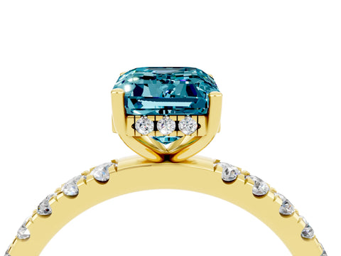 Yellow gold Emerald Cut Blue Topaz Pave Band Solitaire Ring with Four-Prong Setting_40