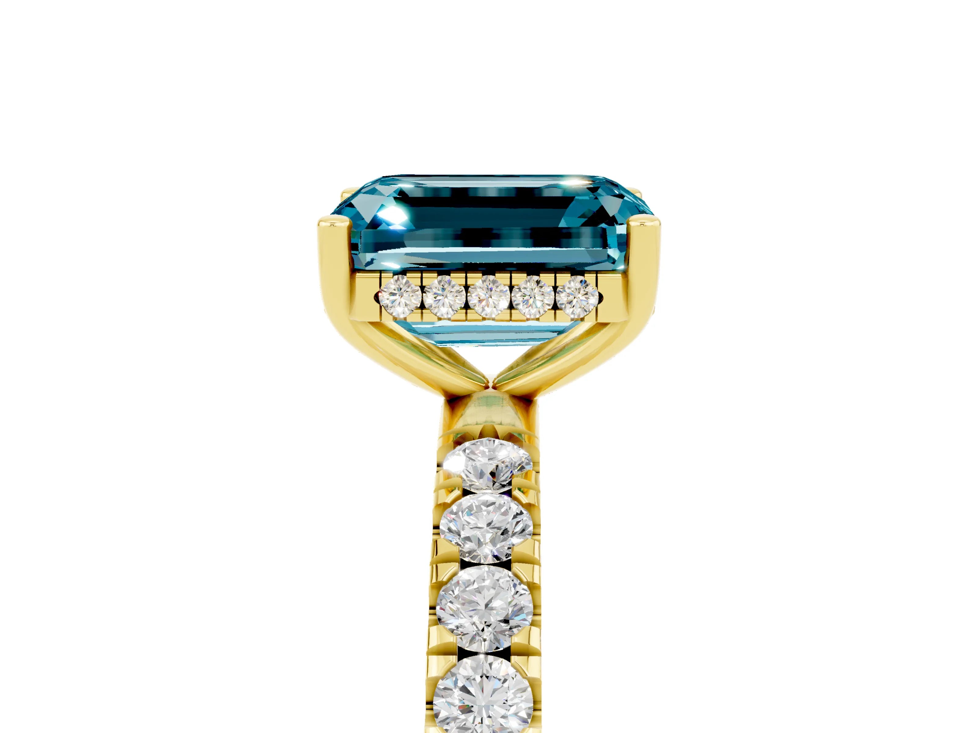 Yellow gold Emerald Cut Blue Topaz Pave Band Solitaire Ring with Four-Prong Setting_41