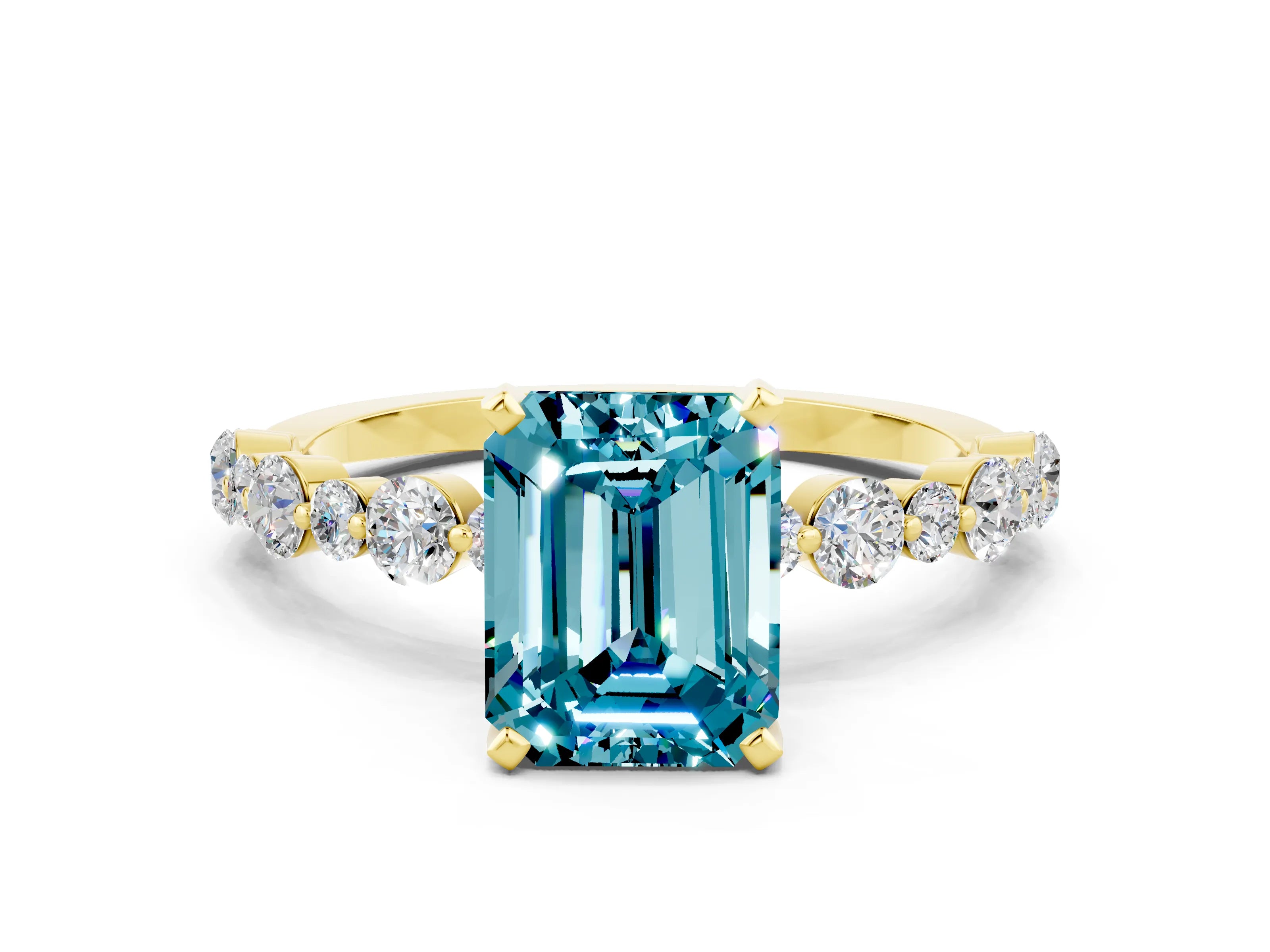 Yellow gold Emerald Cut Blue Topaz Prong Set Engagement Ring with Pavé Band