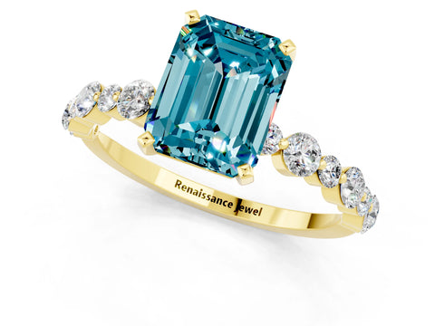 Yellow gold Emerald Cut Blue Topaz Prong Set Engagement Ring with Pavé Band_1