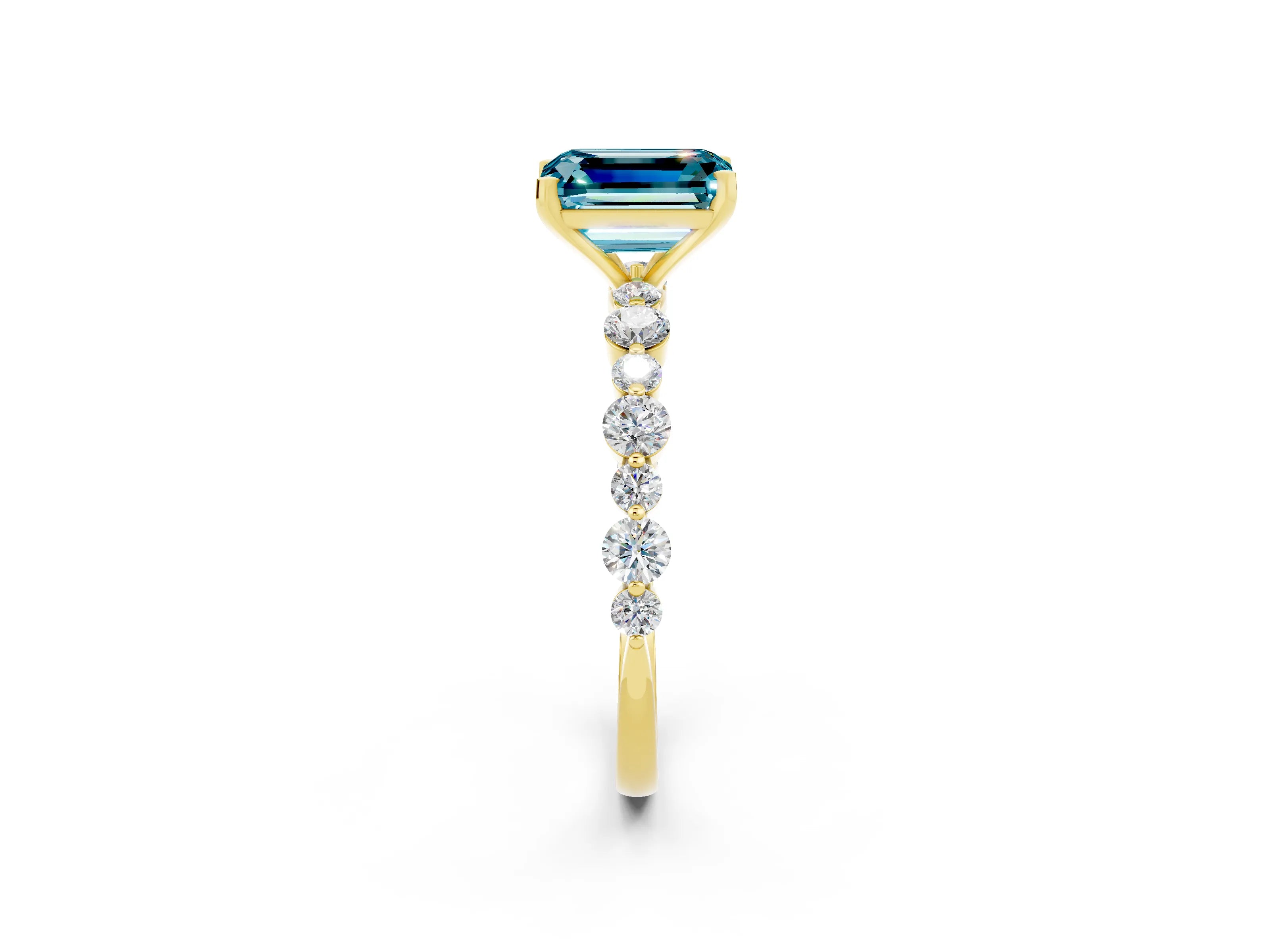 Yellow gold Emerald Cut Blue Topaz Prong Set Engagement Ring with Pavé Band_2