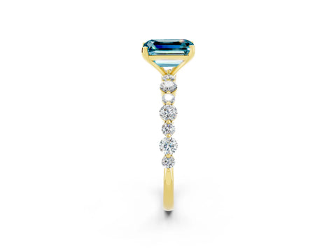Yellow gold Emerald Cut Blue Topaz Prong Set Engagement Ring with Pavé Band_2