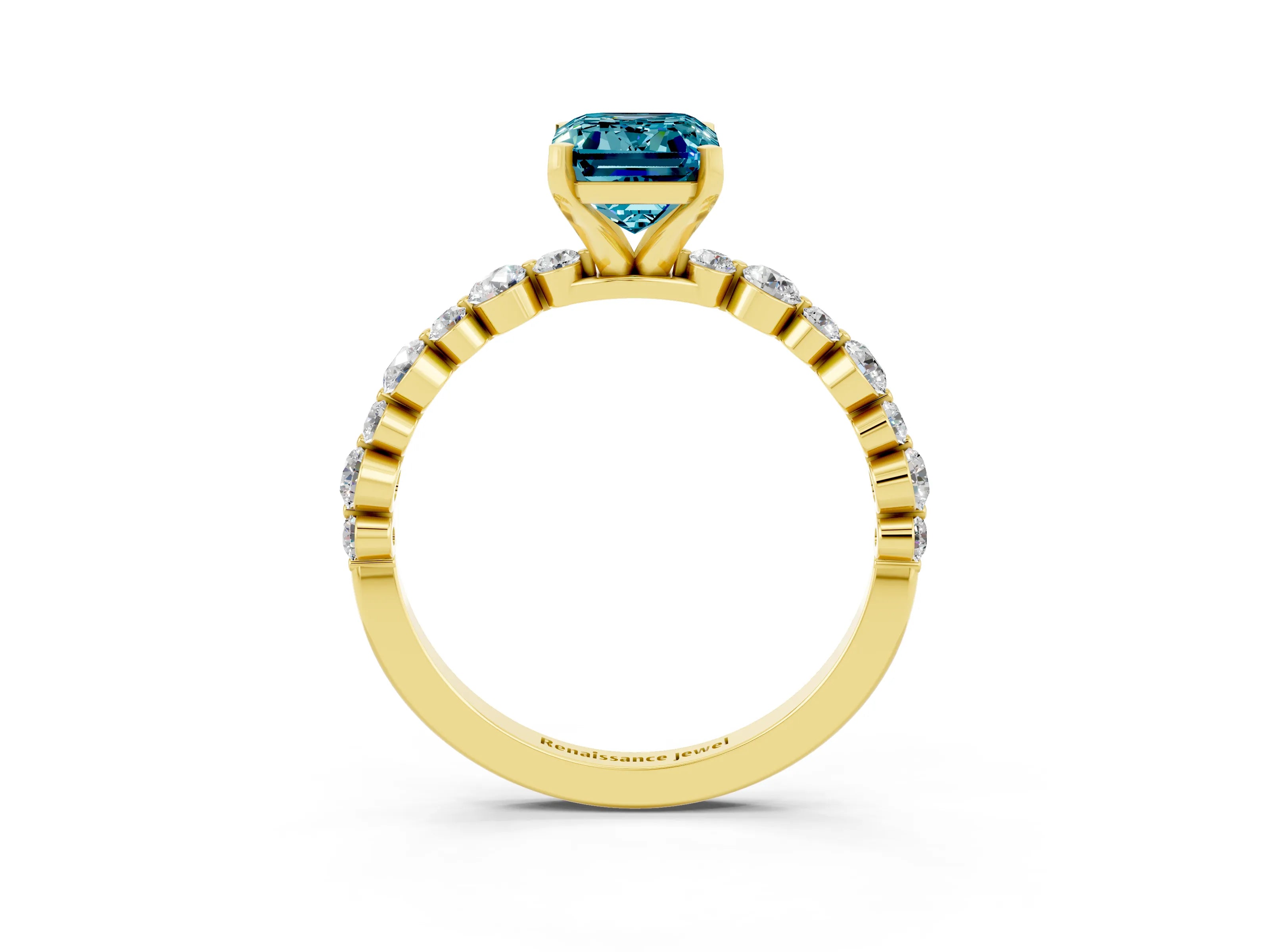 Yellow gold Emerald Cut Blue Topaz Prong Set Engagement Ring with Pavé Band_3