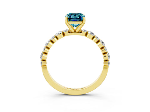 Yellow gold Emerald Cut Blue Topaz Prong Set Engagement Ring with Pavé Band_3