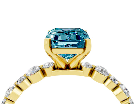 Yellow gold Emerald Cut Blue Topaz Prong Set Engagement Ring with Pavé Band_4