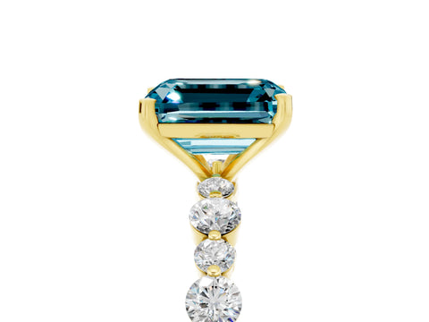 Yellow gold Emerald Cut Blue Topaz Prong Set Engagement Ring with Pavé Band_5