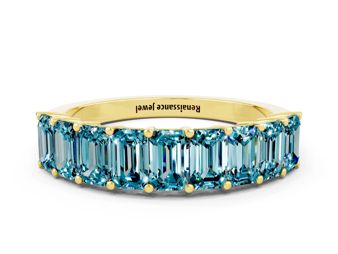 Yellow gold Emerald Cut Blue Topaz Prong-Set Eternity Band_6