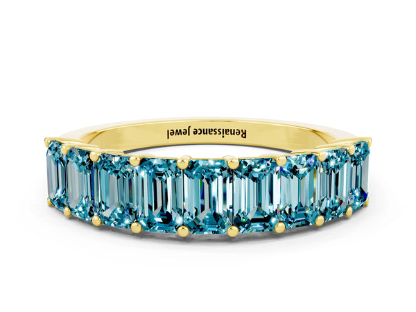 Yellow gold Emerald Cut Blue Topaz Prong-Set Eternity Band