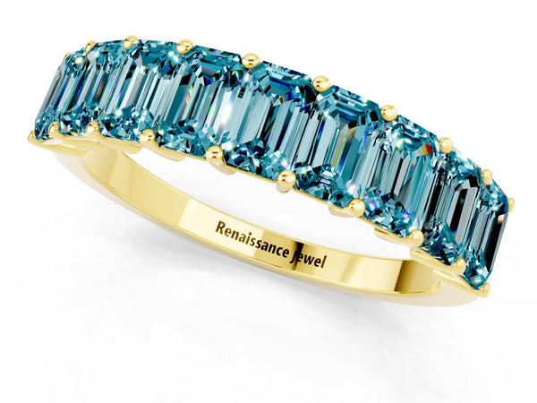 Yellow gold Emerald Cut Blue Topaz Prong-Set Eternity Band