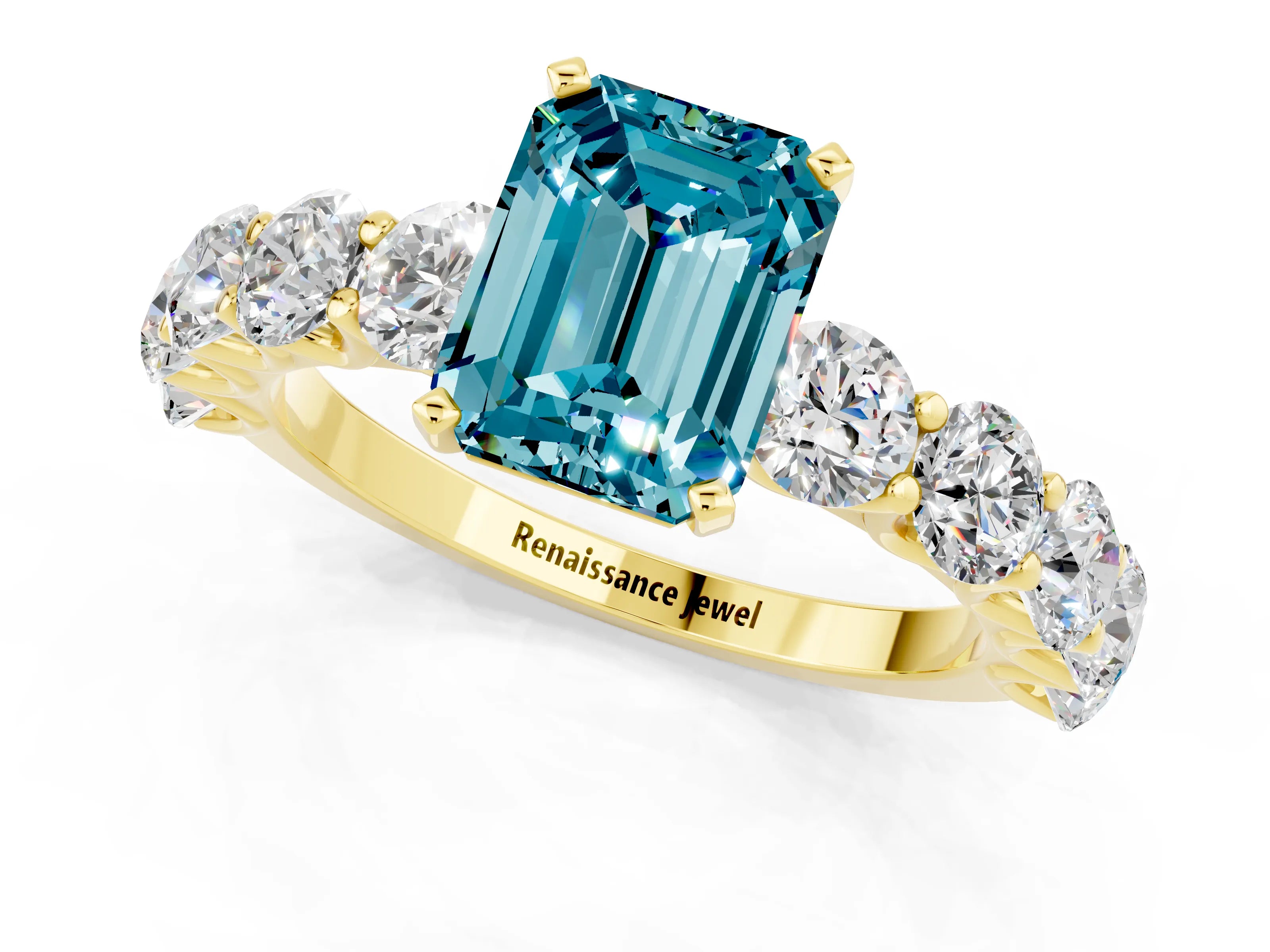 Yellow gold Emerald Cut Blue Topaz Prong Setting with Side Stones on a Pave Band_1