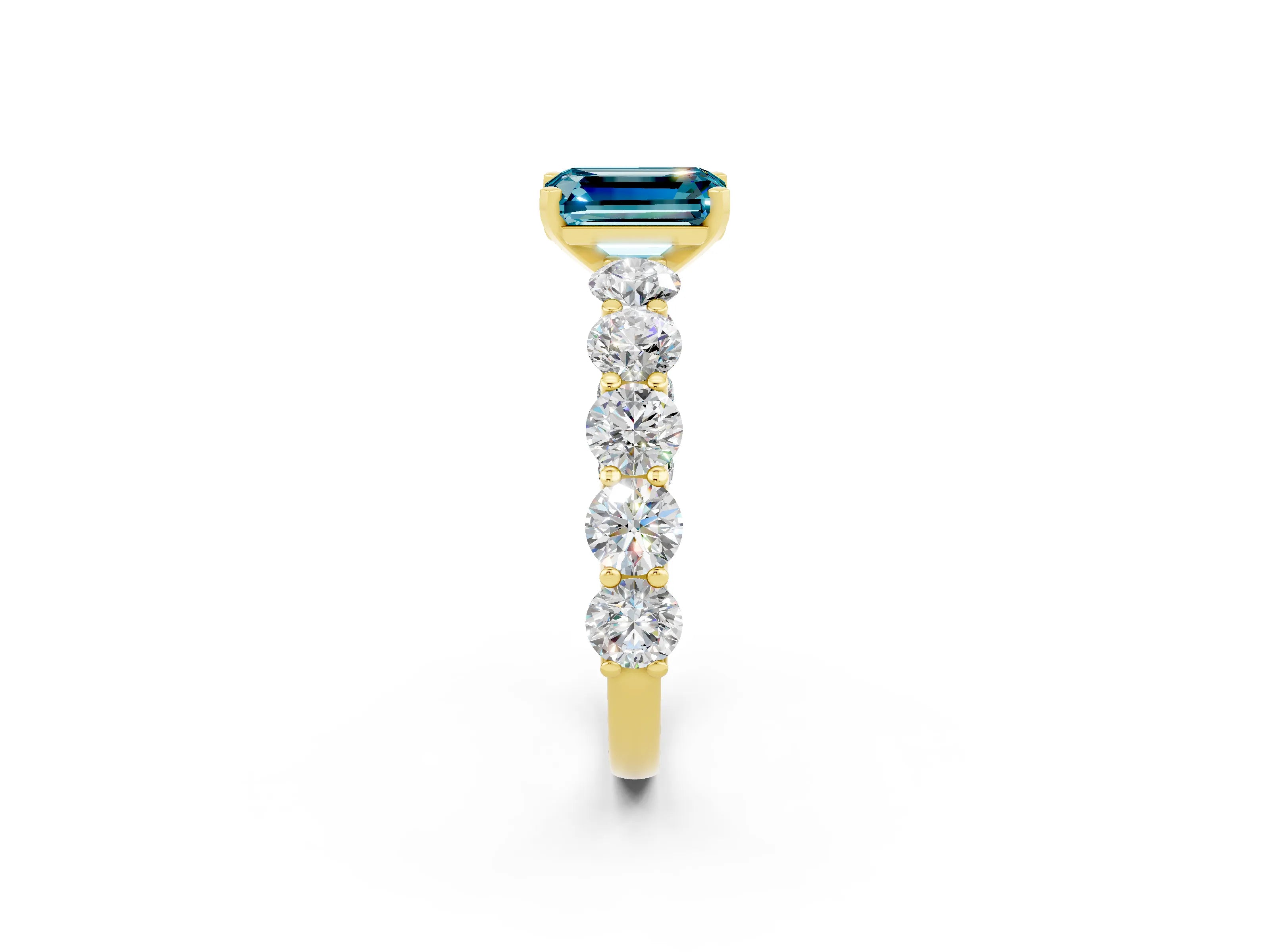 Yellow gold Emerald Cut Blue Topaz Prong Setting with Side Stones on a Pave Band_2