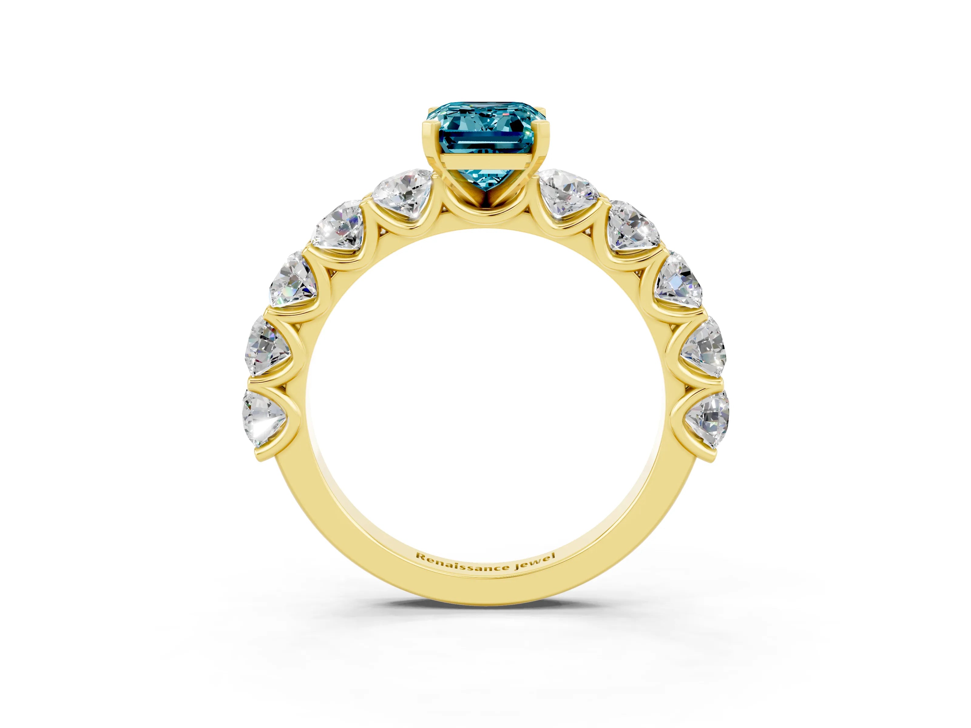 Yellow gold Emerald Cut Blue Topaz Prong Setting with Side Stones on a Pave Band_3