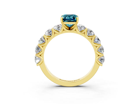 Yellow gold Emerald Cut Blue Topaz Prong Setting with Side Stones on a Pave Band_3