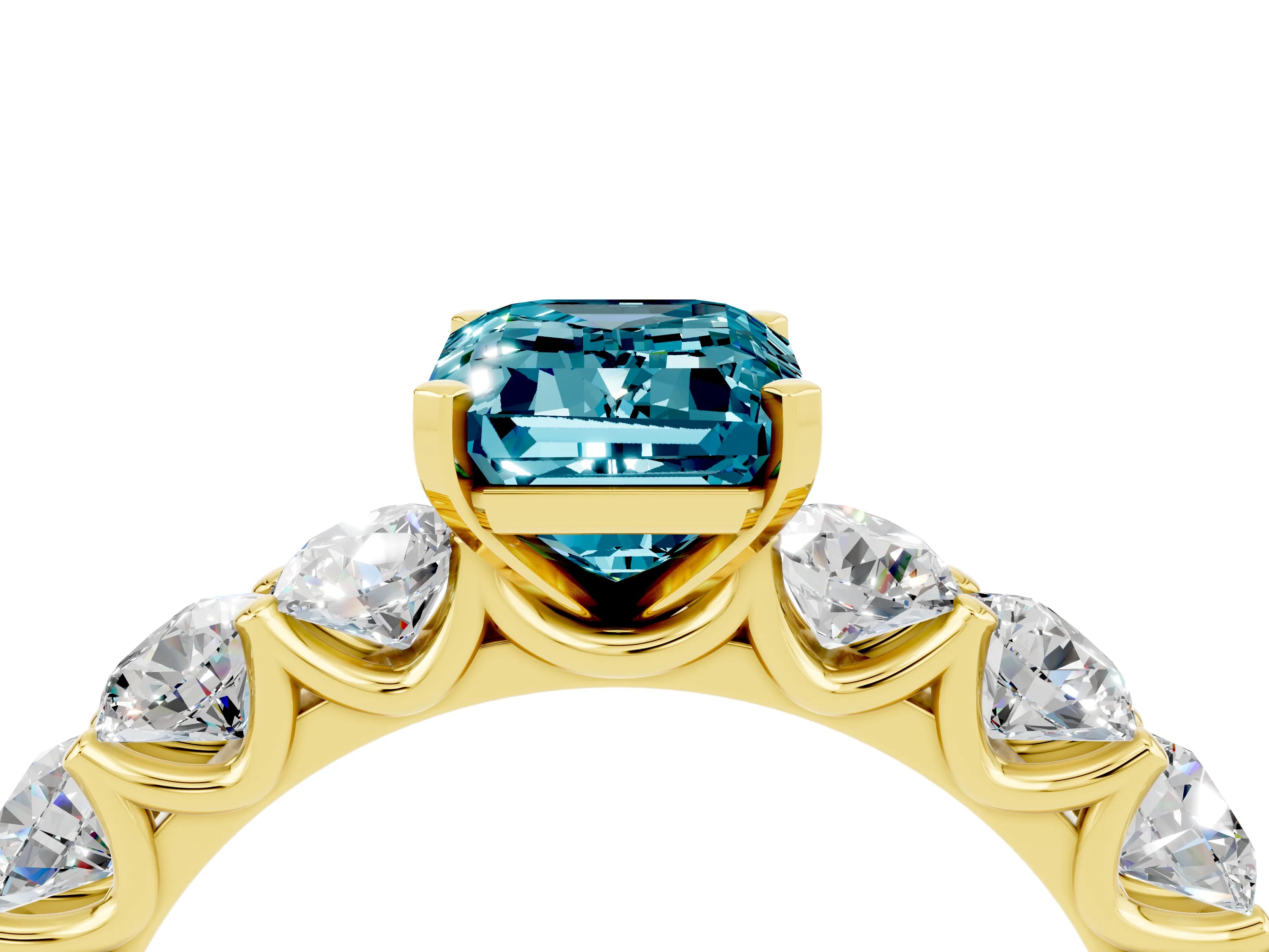 Yellow gold Emerald Cut Blue Topaz Prong Setting with Side Stones on a Pave Band_4