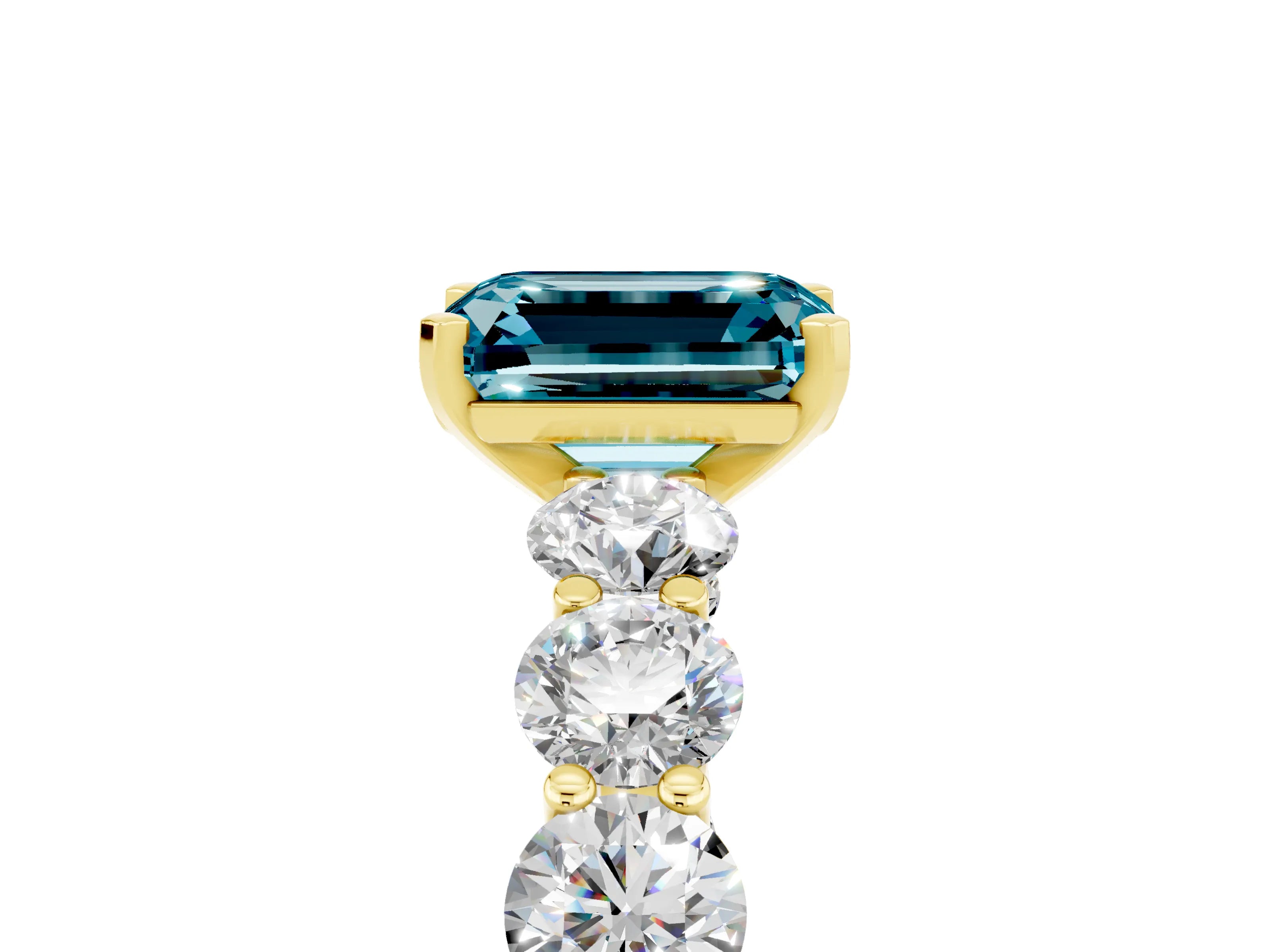 Yellow gold Emerald Cut Blue Topaz Prong Setting with Side Stones on a Pave Band_5
