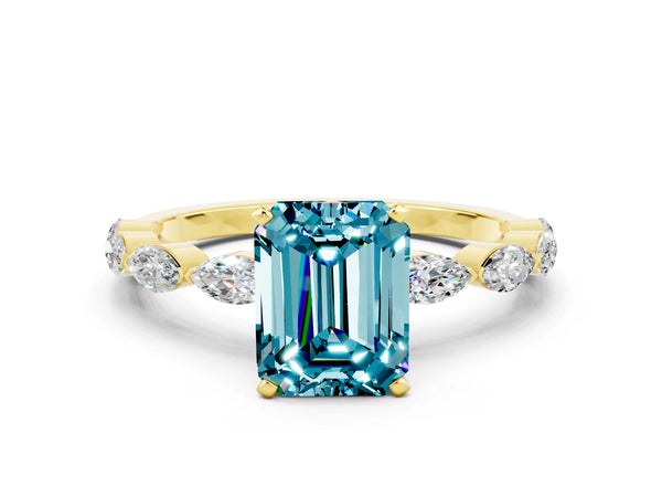 Yellow gold Emerald Cut Blue Topaz Ring with Marquise Side Stones and Prong Setting