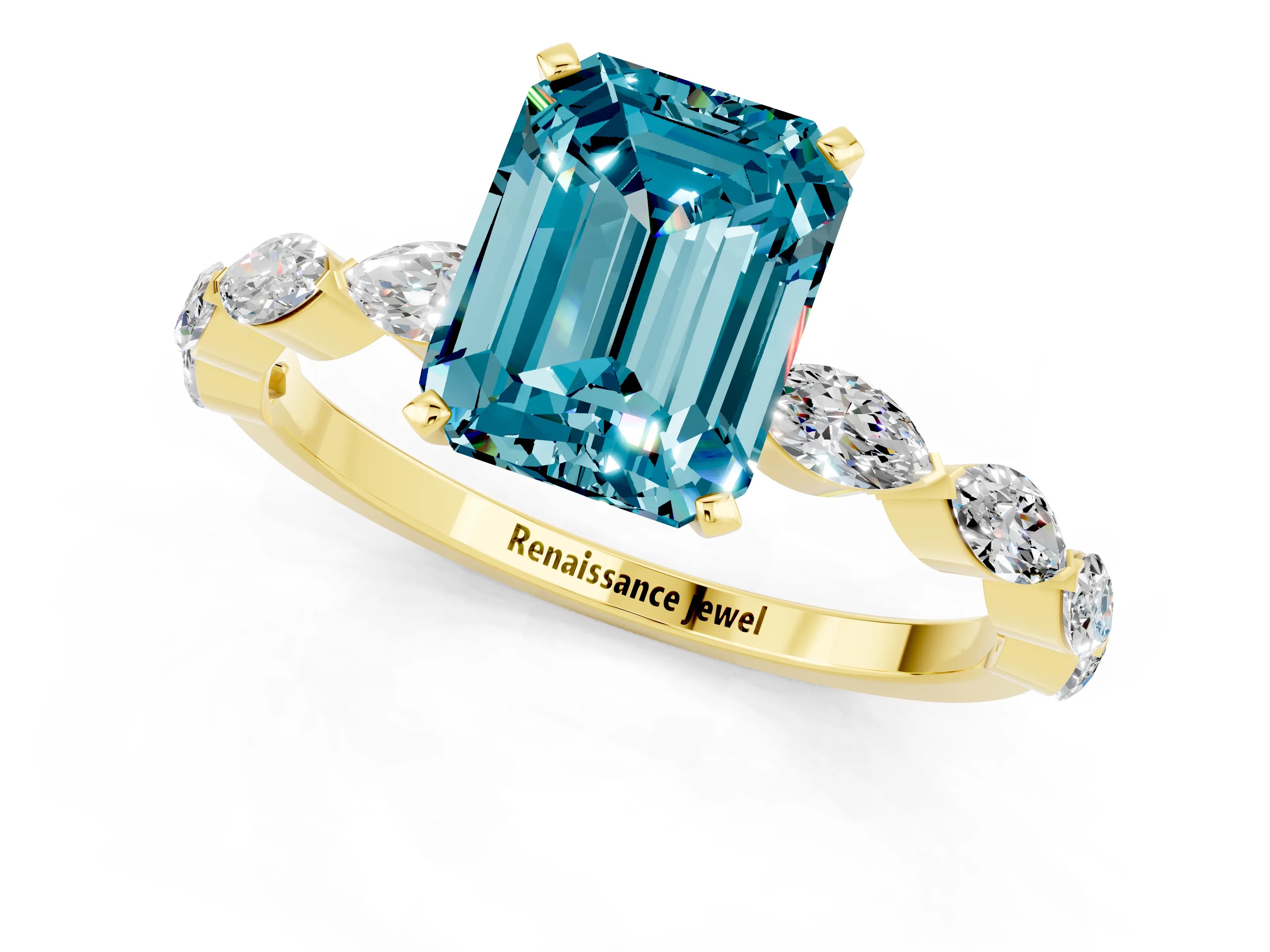 Yellow gold Emerald Cut Blue Topaz Ring with Marquise Side Stones and Prong Setting_1