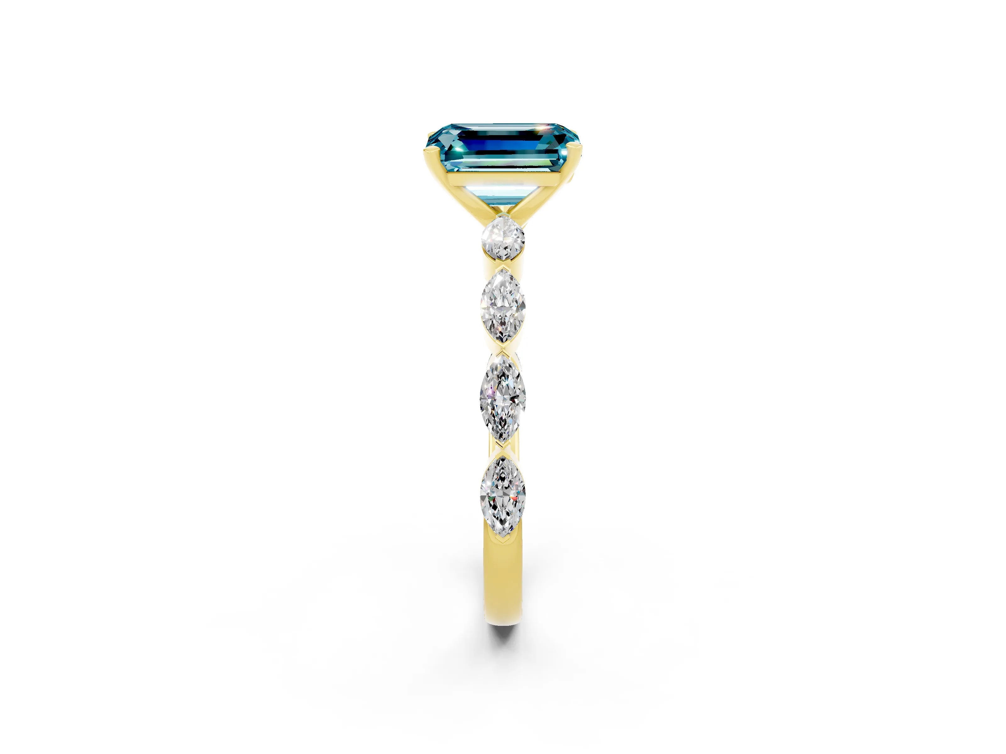 Yellow gold Emerald Cut Blue Topaz Ring with Marquise Side Stones and Prong Setting_2