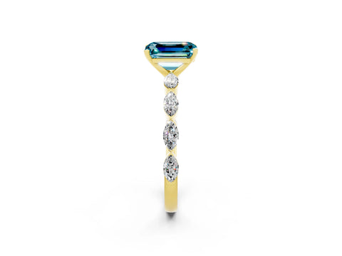 Yellow gold Emerald Cut Blue Topaz Ring with Marquise Side Stones and Prong Setting_2