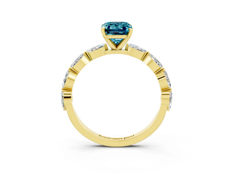 Yellow gold Emerald Cut Blue Topaz Ring with Marquise Side Stones and Prong Setting_3