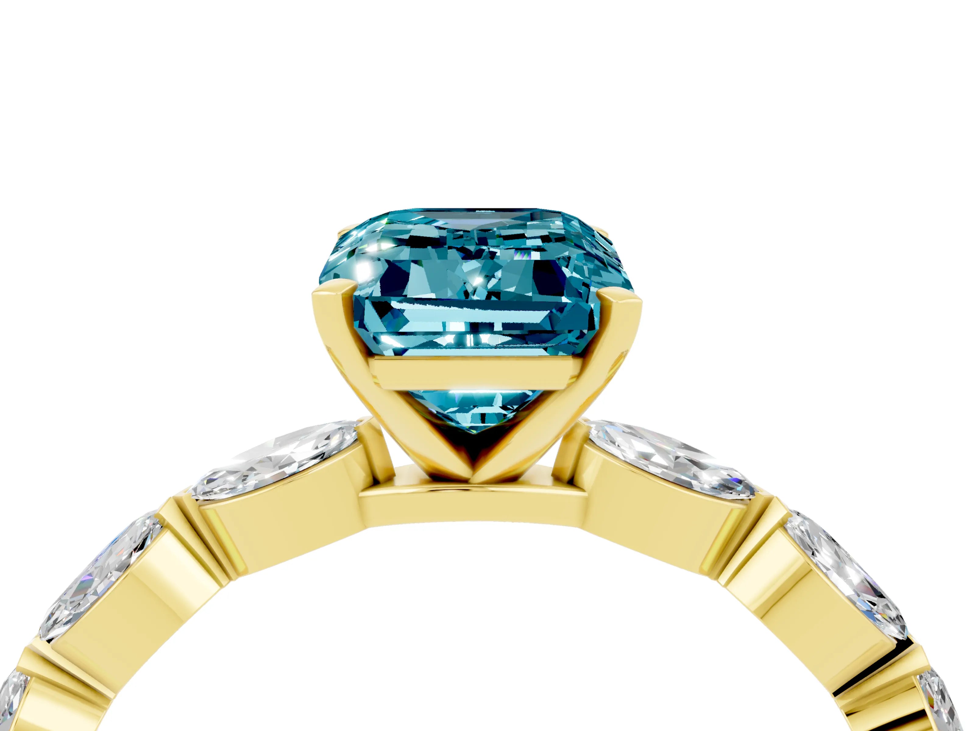 Yellow gold Emerald Cut Blue Topaz Ring with Marquise Side Stones and Prong Setting_4