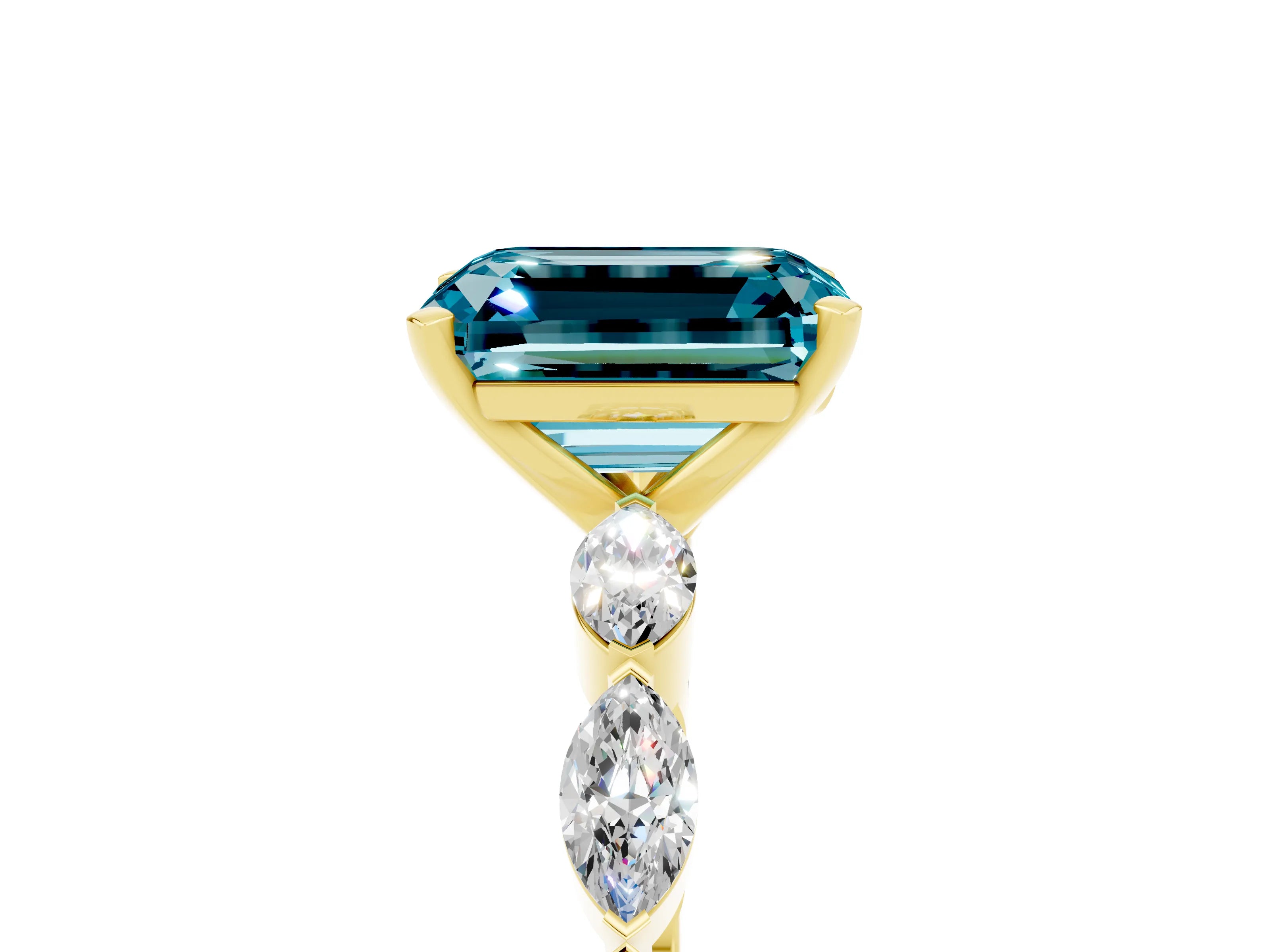 Yellow gold Emerald Cut Blue Topaz Ring with Marquise Side Stones and Prong Setting_5