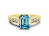 Yellow gold Emerald Cut Blue Topaz Ring with Milgrain Pavé Band and Four-Prong Setting_12