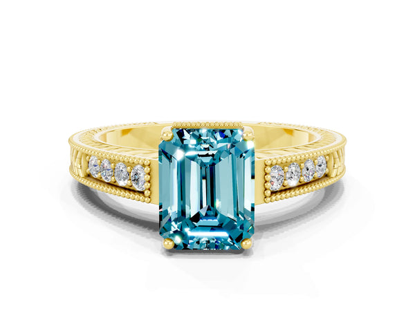 Yellow gold Emerald Cut Blue Topaz Ring with Milgrain Pavé Band and Four-Prong Setting