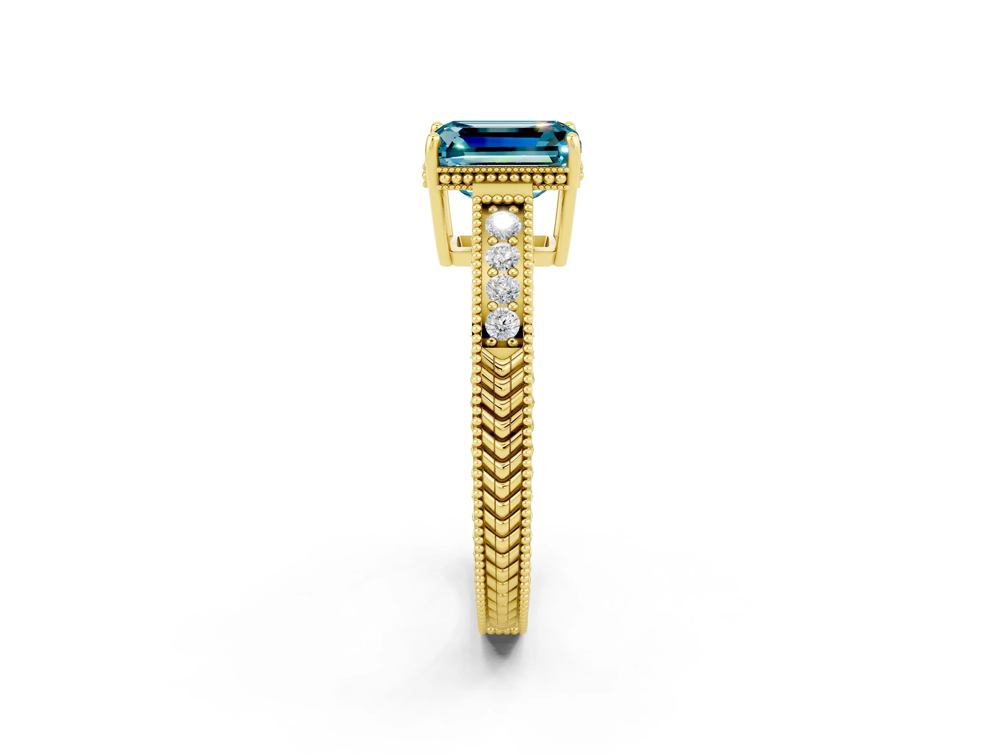 Yellow gold Emerald Cut Blue Topaz Ring with Milgrain Pavé Band and Four-Prong Setting_14