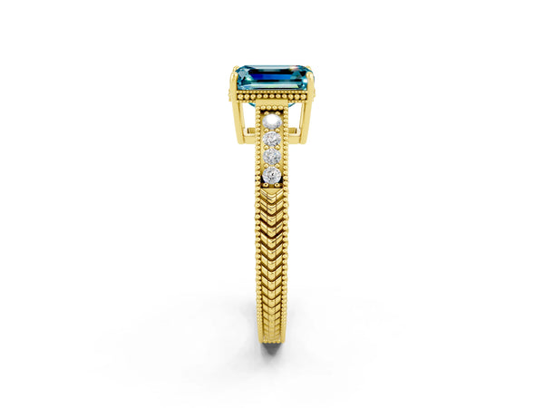 Yellow gold Emerald Cut Blue Topaz Ring with Milgrain Pavé Band and Four-Prong Setting