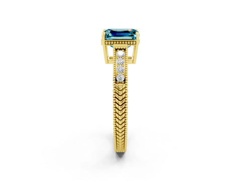 Yellow gold Emerald Cut Blue Topaz Ring with Milgrain Pavé Band and Four-Prong Setting_14