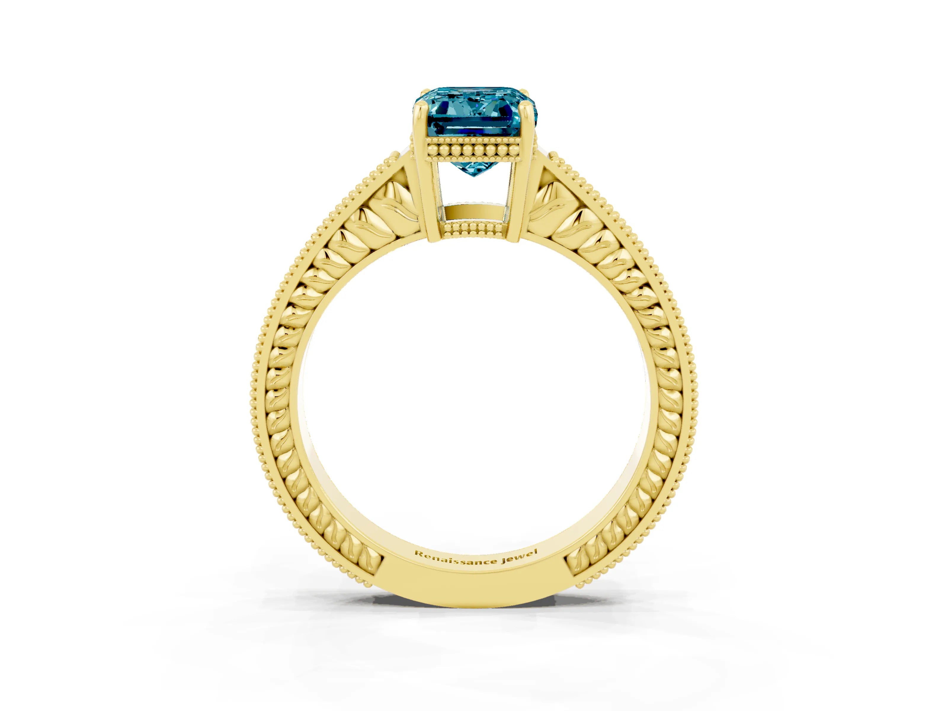 Yellow gold Emerald Cut Blue Topaz Ring with Milgrain Pavé Band and Four-Prong Setting_15
