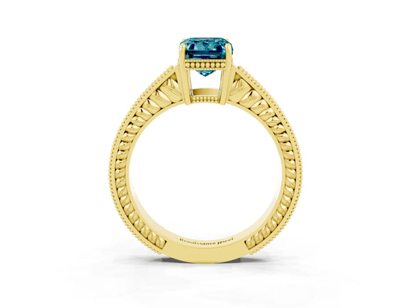 Yellow gold Emerald Cut Blue Topaz Ring with Milgrain Pavé Band and Four-Prong Setting