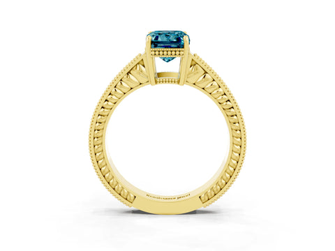 Yellow gold Emerald Cut Blue Topaz Ring with Milgrain Pavé Band and Four-Prong Setting_15