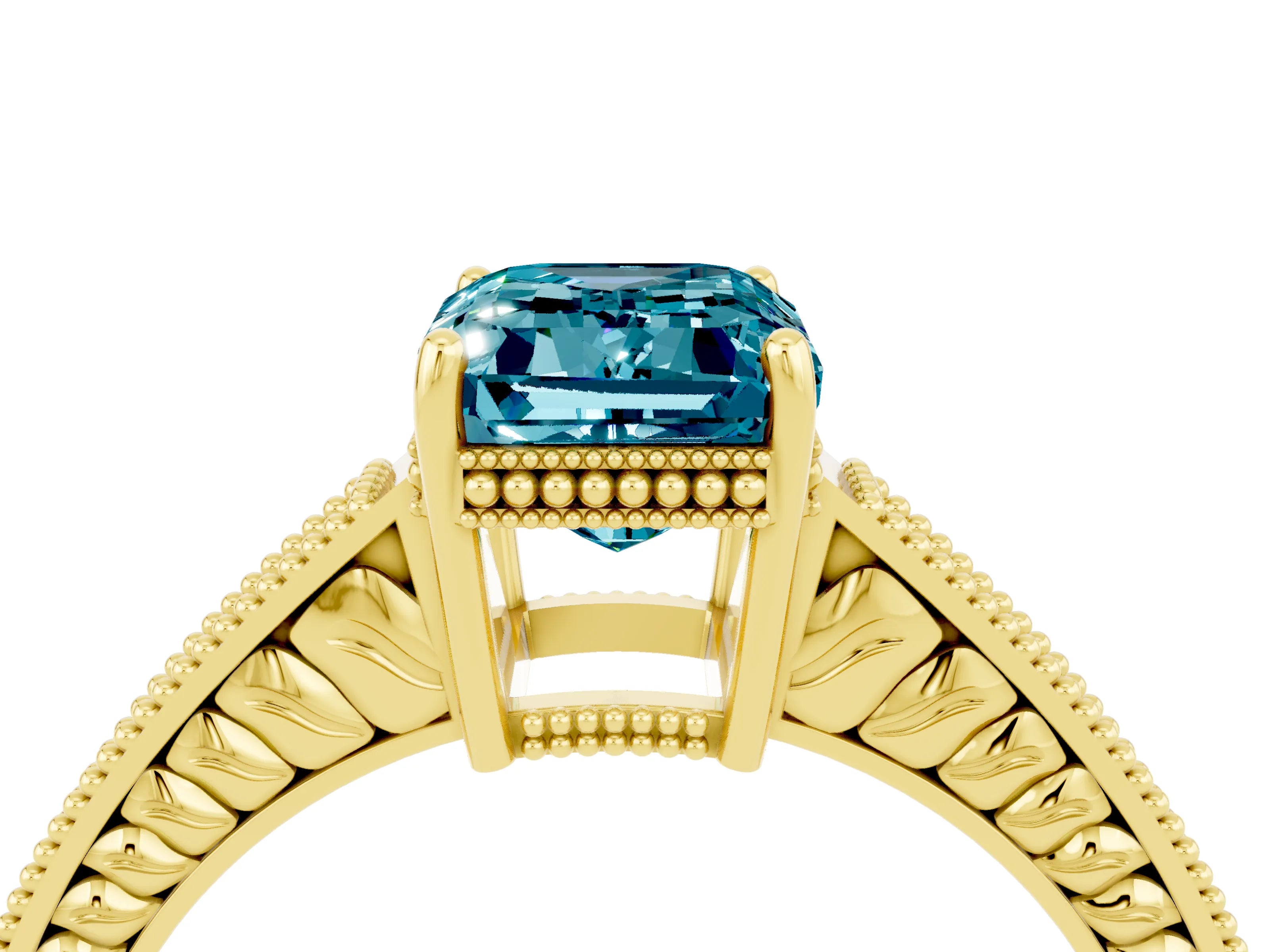 Yellow gold Emerald Cut Blue Topaz Ring with Milgrain Pavé Band and Four-Prong Setting_16