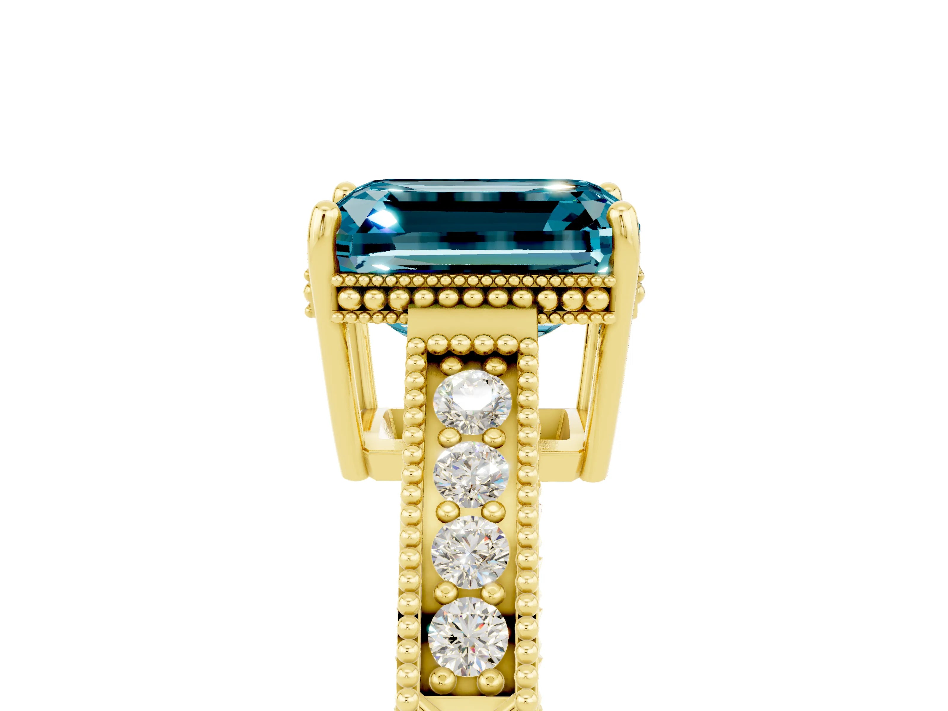 Yellow gold Emerald Cut Blue Topaz Ring with Milgrain Pavé Band and Four-Prong Setting_17