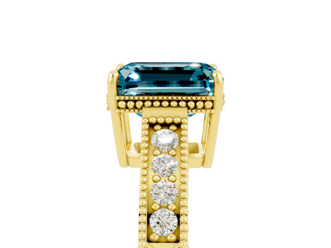 Yellow gold Emerald Cut Blue Topaz Ring with Milgrain Pavé Band and Four-Prong Setting_17