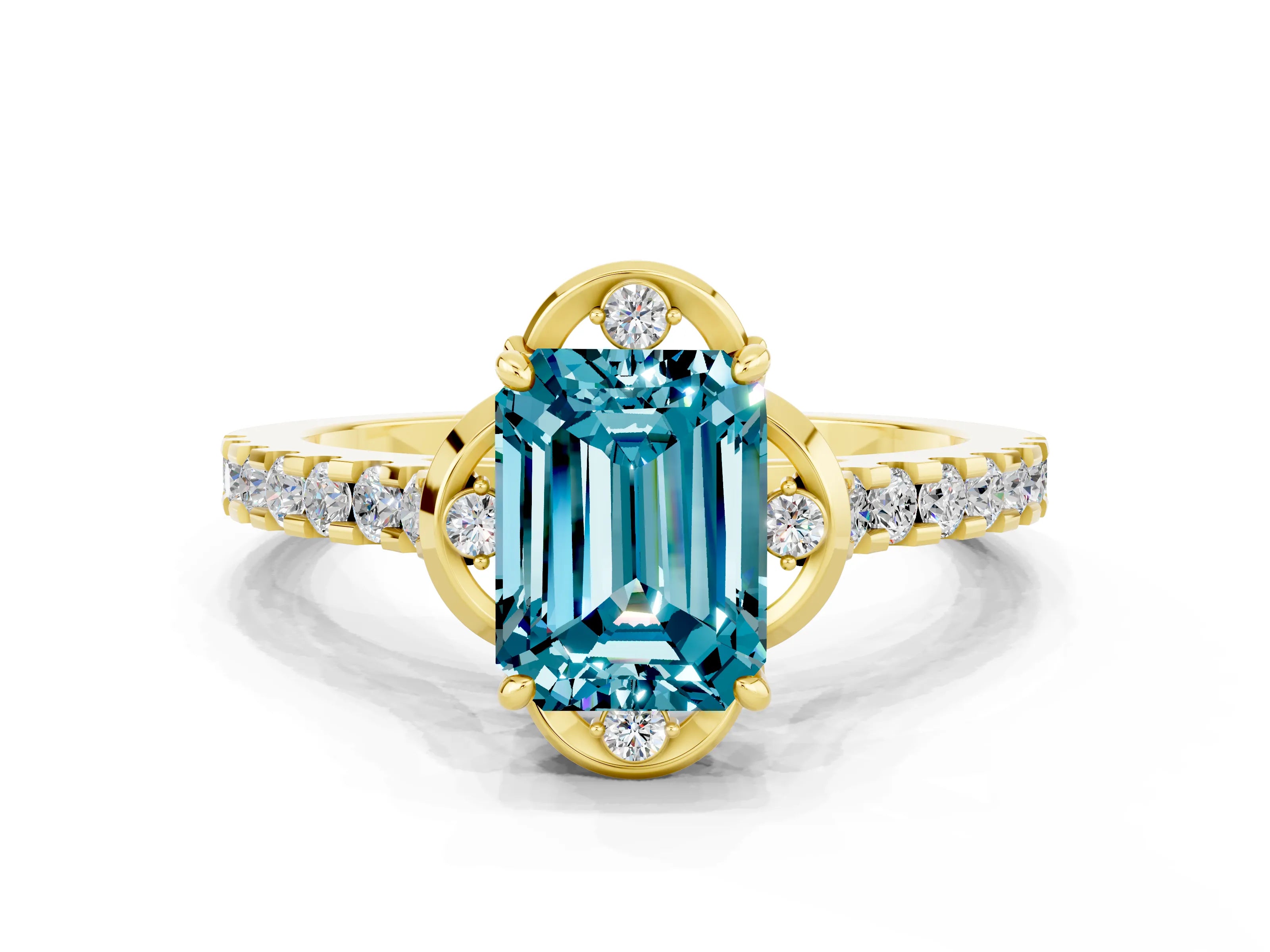 Yellow gold Emerald Cut Blue Topaz Ring with Pavé Band and Floral Prong Setting