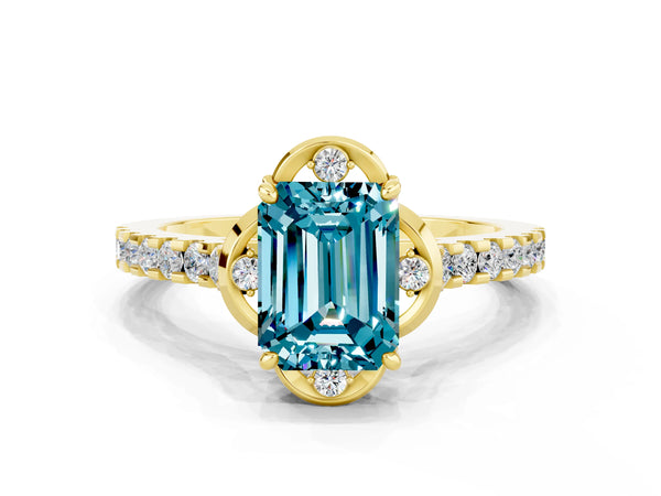 Yellow gold Emerald Cut Blue Topaz Ring with Pavé Band and Floral Prong Setting