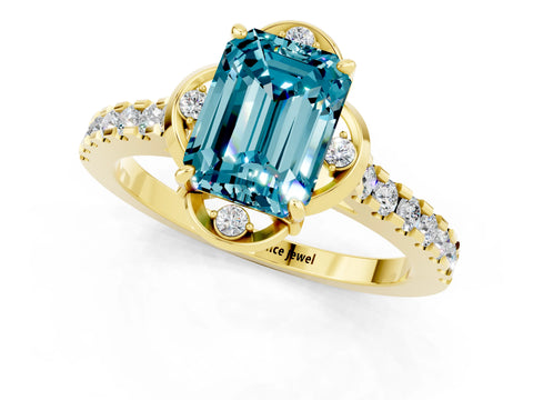 Yellow gold Emerald Cut Blue Topaz Ring with Pavé Band and Floral Prong Setting_1