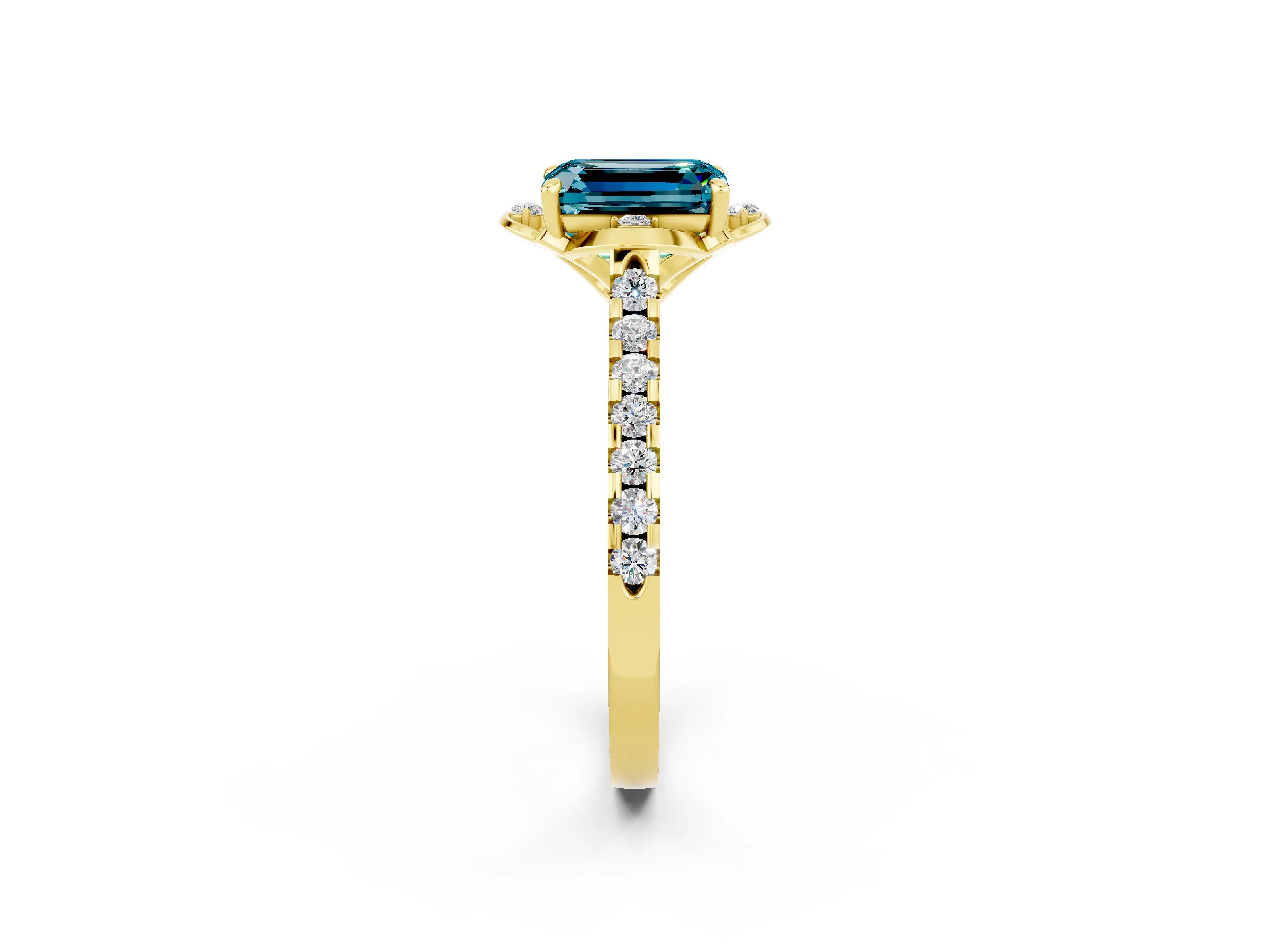 Yellow gold Emerald Cut Blue Topaz Ring with Pavé Band and Floral Prong Setting_2