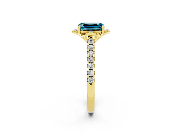 Yellow gold Emerald Cut Blue Topaz Ring with Pavé Band and Floral Prong Setting