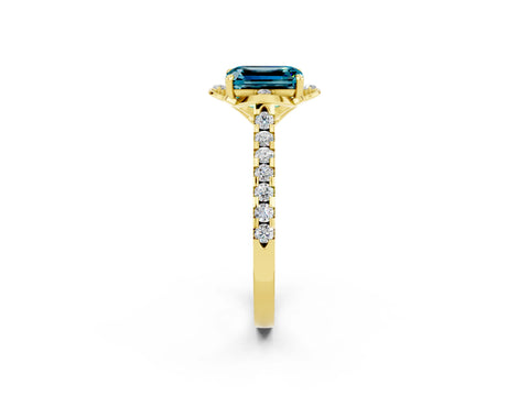 Yellow gold Emerald Cut Blue Topaz Ring with Pavé Band and Floral Prong Setting_2