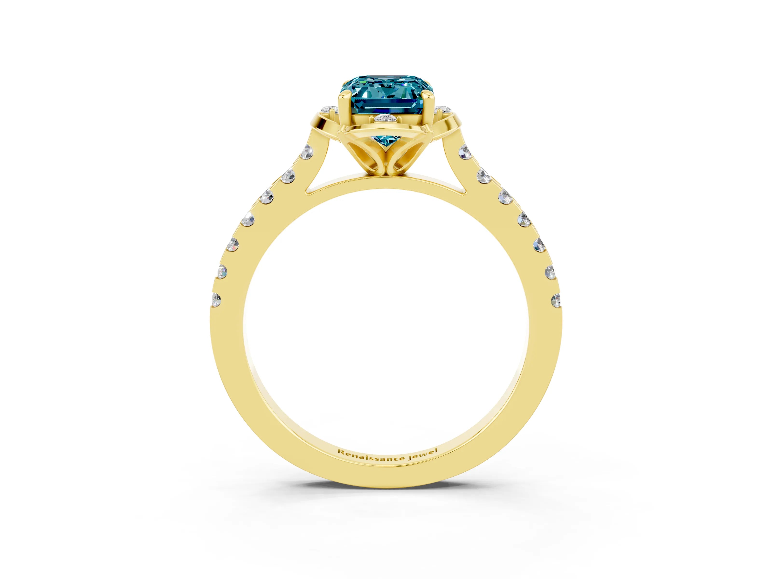 Yellow gold Emerald Cut Blue Topaz Ring with Pavé Band and Floral Prong Setting_3