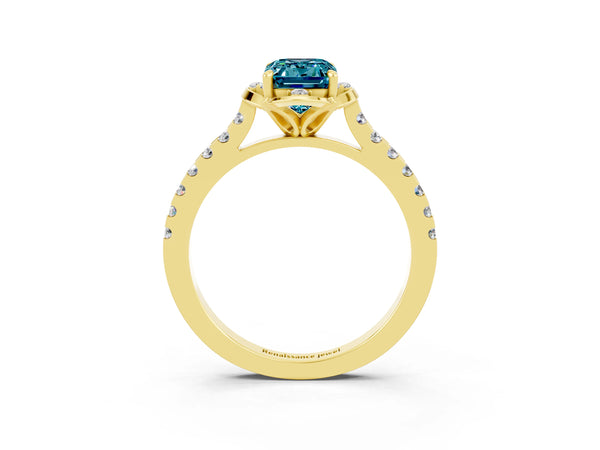 Yellow gold Emerald Cut Blue Topaz Ring with Pavé Band and Floral Prong Setting